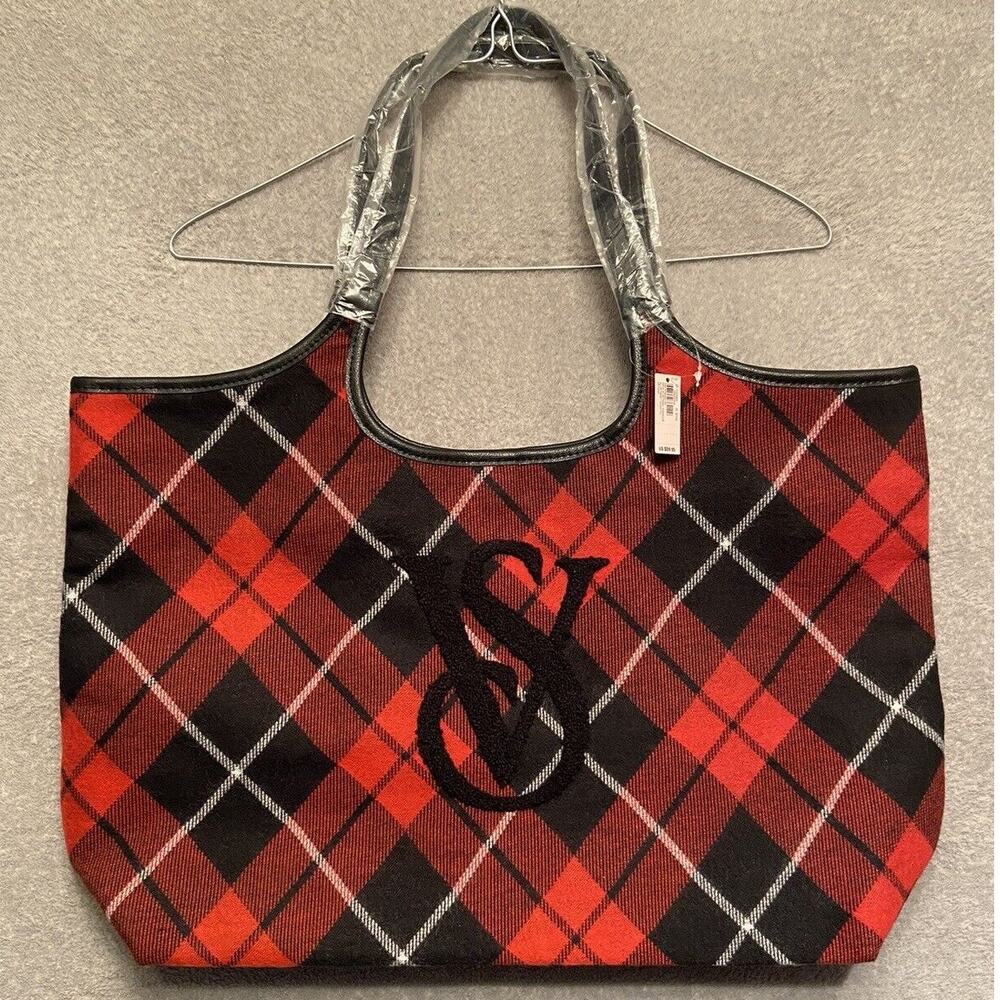 Victoria's Secret Weekender Tote Bag Women's Red Flannel Plaid Emboidered Logo